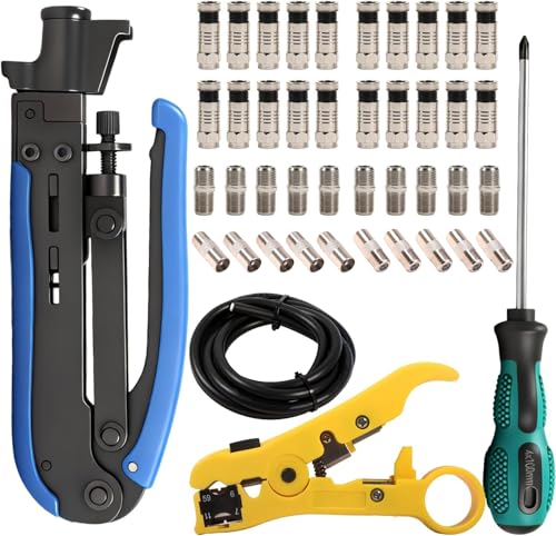 XINTAIHELE Coax Cable Crimper Tool Kit 20PCS F Type Male to Female Connector Kit Coaxial Cable ExtensionRepair for F RG59 RG6 Coaxial Cable 2M Coax Stripper TV Splitter - Image 1