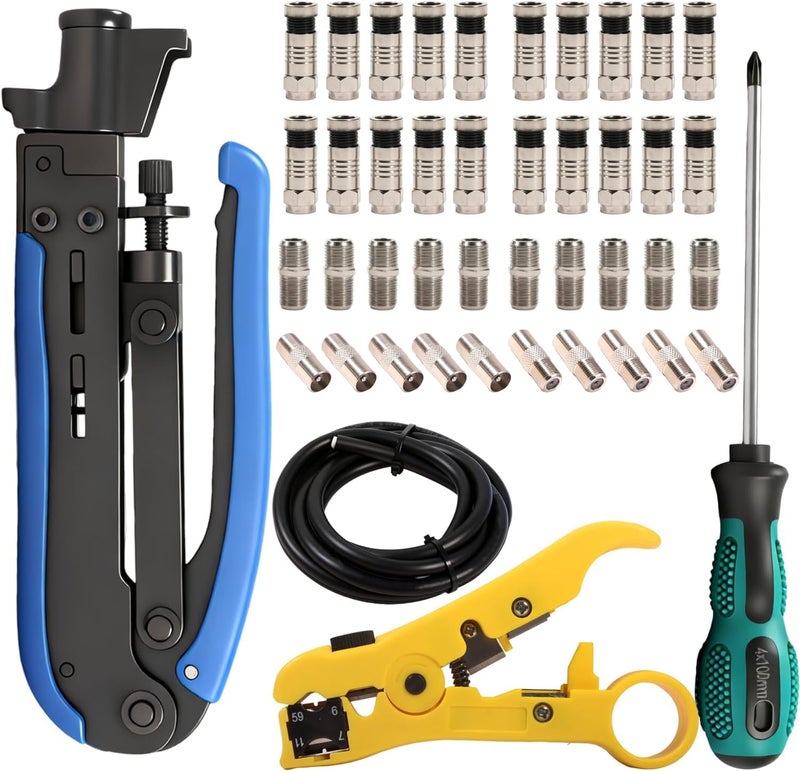 XINTAIHELE Coax Cable Crimper Tool Kit 20PCS F Type Male to Female Connector Kit Coaxial Cable ExtensionRepair for F RG59 RG6 Coaxial Cable 2M Coax Stripper TV Splitter - Image 2