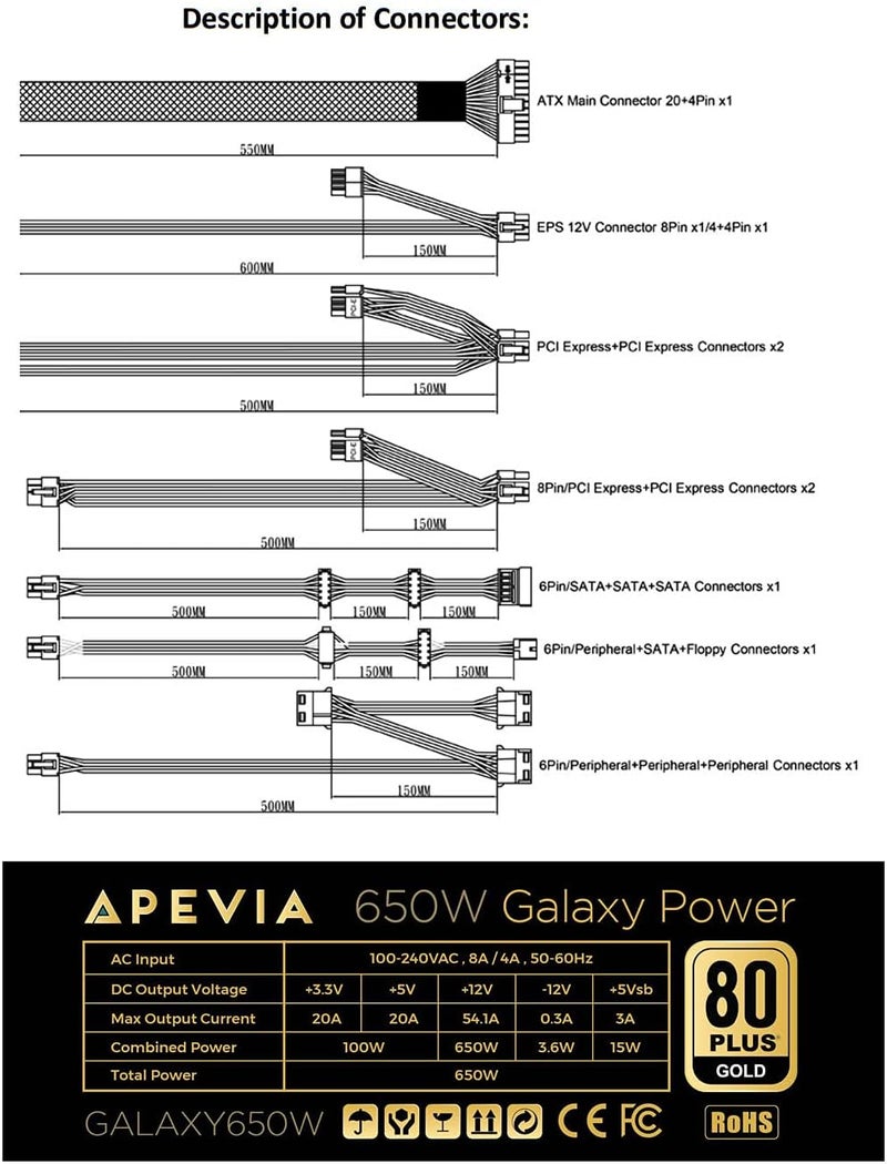APEVIA مزود طاقة ATX-GX650W Galaxy 650W معتمد 80+ ذهبية PFC نشط ATX شبه موحد هادئ للألعاب - Image 3