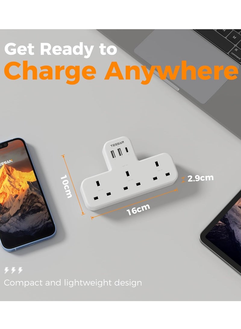 TESSAN 6 in 1 Power Strip Extension Plug, USB C Charger Plug AE, TESSAN Multiple 3 Way Triple Plug Extender Socket with 3 USB, Extension Socket Multiplug Extender Wall Charger, Universal Plug Adapter, Charging Station For School Home, Kitchen, Office, School Supplies White - Image 3