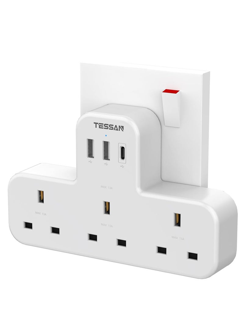 TESSAN 6 in 1 Power Strip Extension Plug, USB C Charger Plug AE, TESSAN Multiple 3 Way Triple Plug Extender Socket with 3 USB, Extension Socket Multiplug Extender Wall Charger, Universal Plug Adapter, Charging Station For School Home, Kitchen, Office, School Supplies White - Image 1
