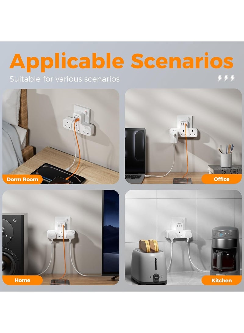 TESSAN 6 in 1 Power Strip Extension Plug, USB C Charger Plug AE, TESSAN Multiple 3 Way Triple Plug Extender Socket with 3 USB, Extension Socket Multiplug Extender Wall Charger, Universal Plug Adapter, Charging Station For School Home, Kitchen, Office, School Supplies White - Image 4