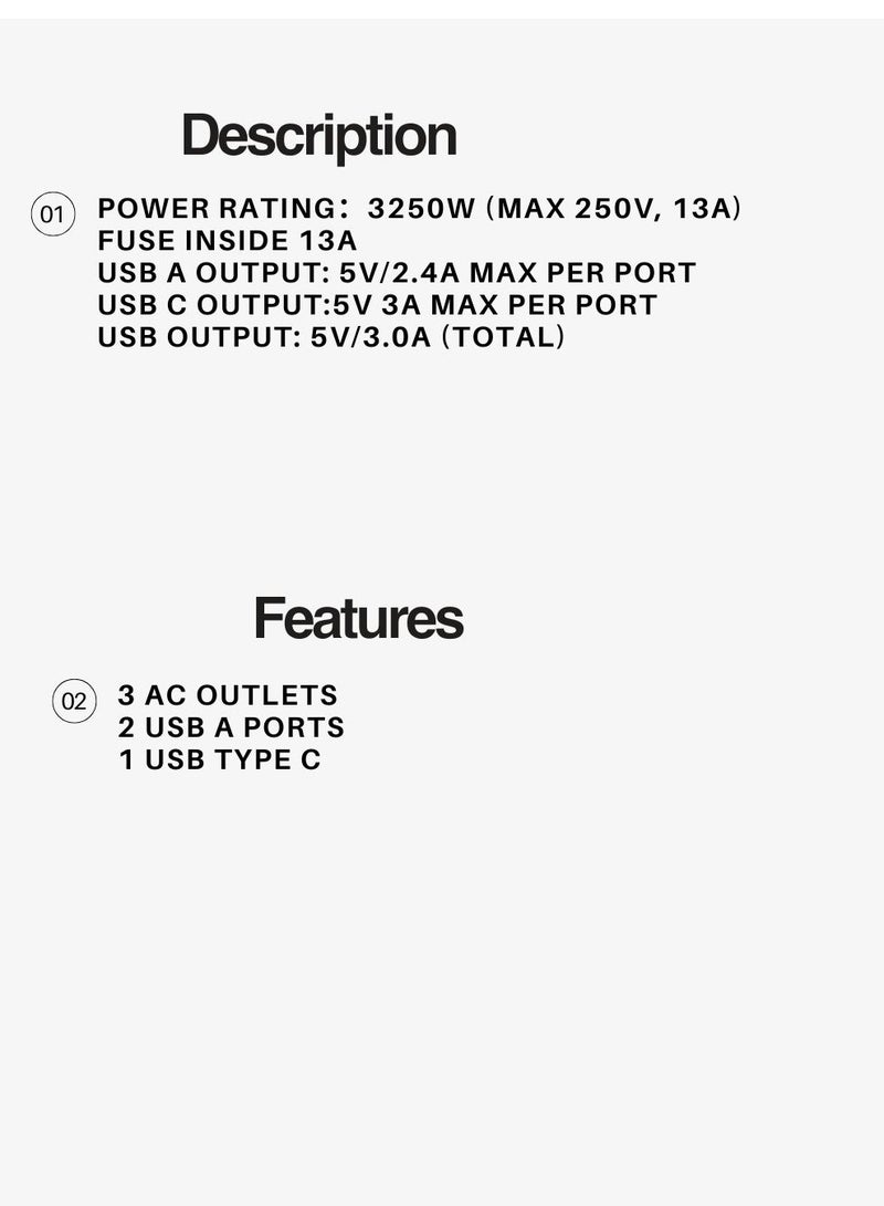 TESSAN 6 in 1 Power Strip Extension Plug, USB C Charger Plug AE, TESSAN Multiple 3 Way Triple Plug Extender Socket with 3 USB, Extension Socket Multiplug Extender Wall Charger, Universal Plug Adapter, Charging Station For School Home, Kitchen, Office, School Supplies White - Image 5