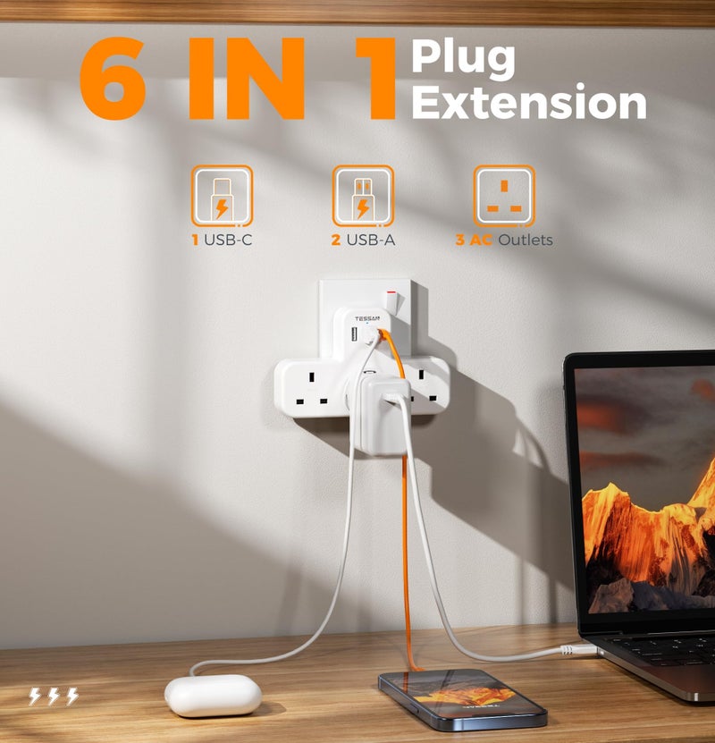TESSAN 6 in 1 Power Strip Extension Plug, USB C Charger Plug AE, TESSAN Multiple 3 Way Triple Plug Extender Socket with 3 USB, Extension Socket Multiplug Extender Wall Charger, Universal Plug Adapter, Charging Station For School Home, Kitchen, Office, School Supplies White - Image 2
