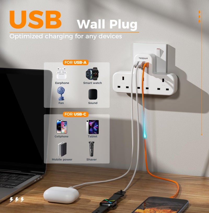 TESSAN 6 in 1 Power Strip Extension Plug, USB C Charger Plug AE, TESSAN Multiple 3 Way Triple Plug Extender Socket with 3 USB, Extension Socket Multiplug Extender Wall Charger, Universal Plug Adapter, Charging Station For School Home, Kitchen, Office, School Supplies White - Image 3