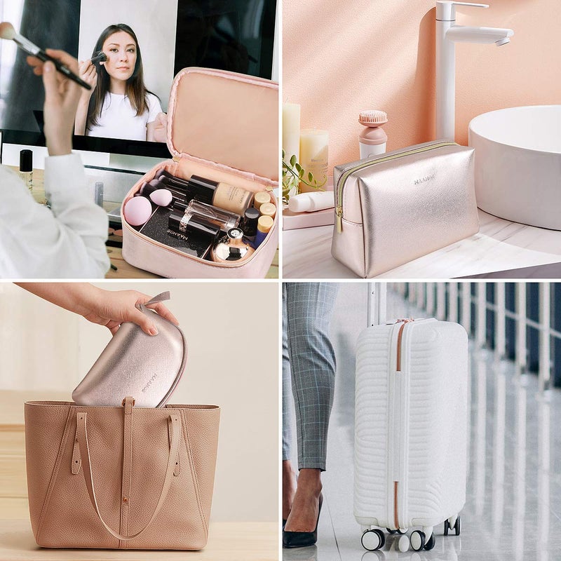 MAANGE 3 Pcs Makeup Bag Portable Travel Cosmetic Bag Large Makeup Bag Organizer with Gold Zipper Waterproof Toiletry Bags for Women and Girls(Rose Gold) - Image 2