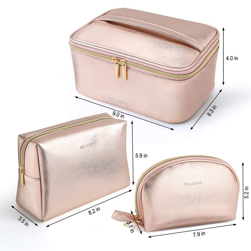 MAANGE 3 Pcs Makeup Bag Portable Travel Cosmetic Bag Large Makeup Bag Organizer with Gold Zipper Waterproof Toiletry Bags for Women and Girls(Rose Gold) - Image 3