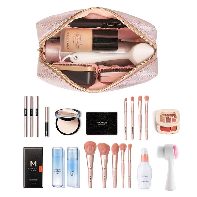 MAANGE 3 Pcs Makeup Bag Portable Travel Cosmetic Bag Large Makeup Bag Organizer with Gold Zipper Waterproof Toiletry Bags for Women and Girls(Rose Gold) - Image 5