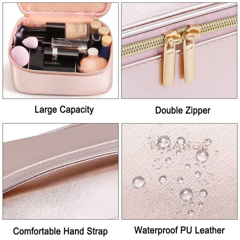 MAANGE 3 Pcs Makeup Bag Portable Travel Cosmetic Bag Large Makeup Bag Organizer with Gold Zipper Waterproof Toiletry Bags for Women and Girls(Rose Gold) - Image 4