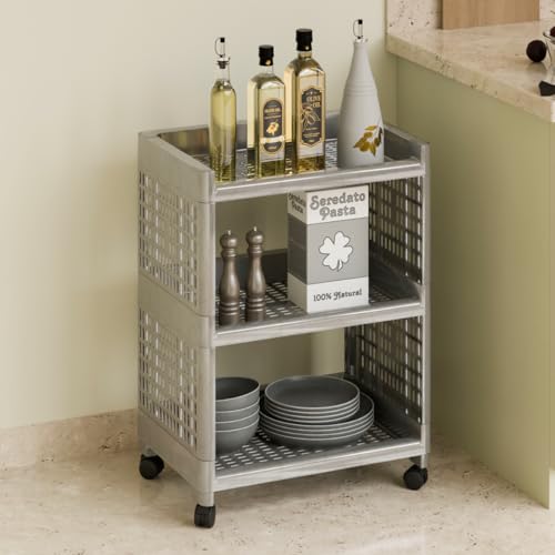 Biltoxi Plastic Multipurpose Storage Racks | 3 Shelfs Storage Organizer Racks for Home, Kitchen, Bathroom | Kitchen Trolley Rack with Wheels (Silver) - Image 1