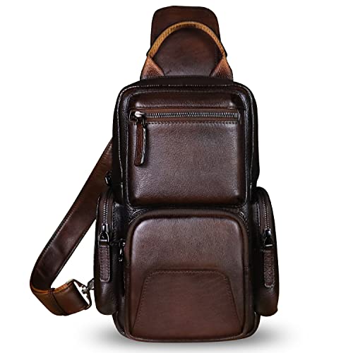IVTG Genuine Leather Sling Bag Crossbody Casual Hiking Daypack Vintage Handmade Chest Bag Shoulder Backpack Motorcycle Pack (Coffee) - Image 2