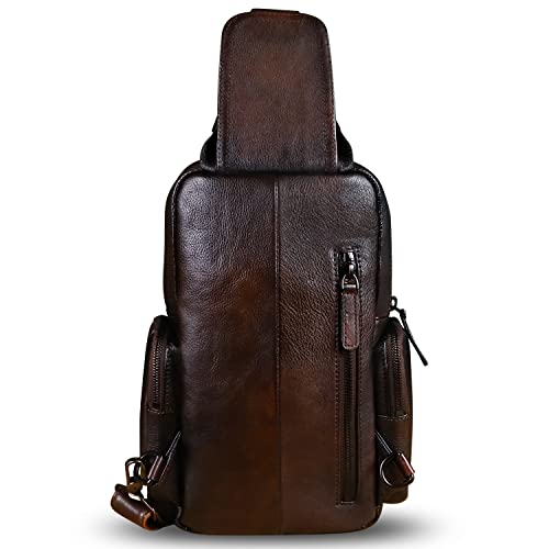 IVTG Genuine Leather Sling Bag Crossbody Casual Hiking Daypack Vintage Handmade Chest Bag Shoulder Backpack Motorcycle Pack (Coffee) - Image 3