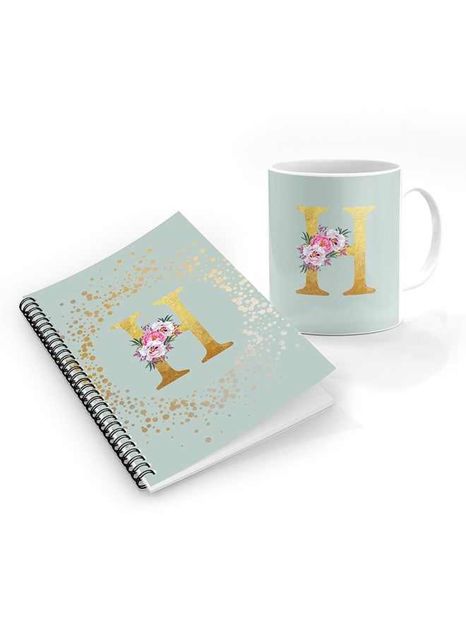 Stylizedd Printed Coffee Mug + A5 Spiral Notebook Memo Personalised Combo Gift Set -Custom Monogram Initial Letter Floral Pattern Alphabet - H  ( Light Green )