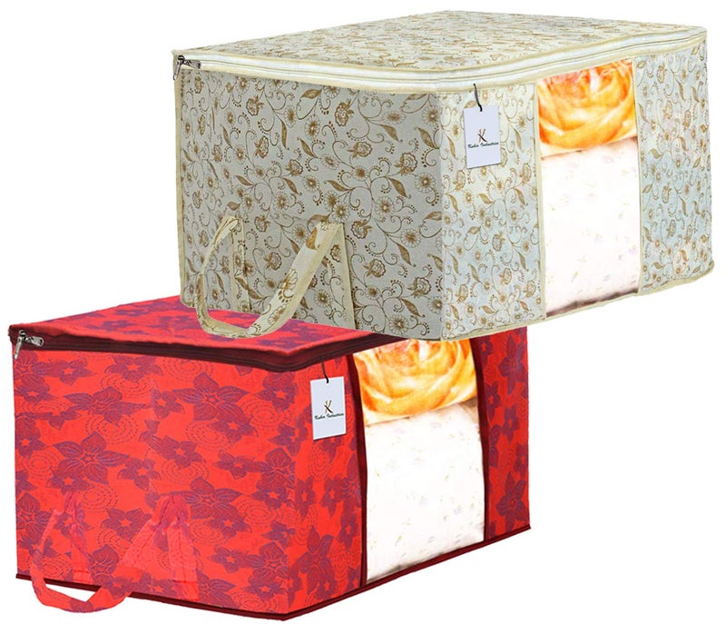 Kuber Industries Metallic Printed Non Woven Fabric Underbed Storage BagOrganiser with Transparent Window Brown Red Standard Size 2 Pieces CTKTC41053 - Image 1
