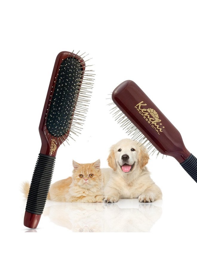 Kenchii Pet Grooming Metal Pin Brush | Solid Wood, Non-Slip Grip Detangling and Shedding Tool for Long or Short Haired Pets - Large Oblong Size - Image 1