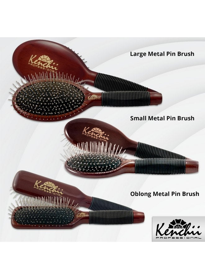Kenchii Pet Grooming Metal Pin Brush | Solid Wood, Non-Slip Grip Detangling and Shedding Tool for Long or Short Haired Pets - Large Oblong Size - Image 2