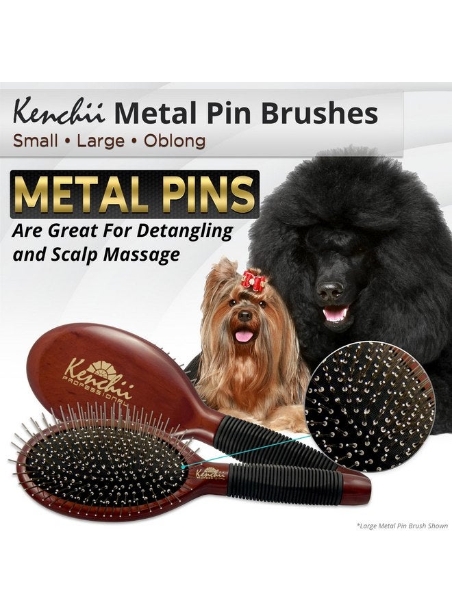 Kenchii Pet Grooming Metal Pin Brush | Solid Wood, Non-Slip Grip Detangling and Shedding Tool for Long or Short Haired Pets - Large Oblong Size - Image 4