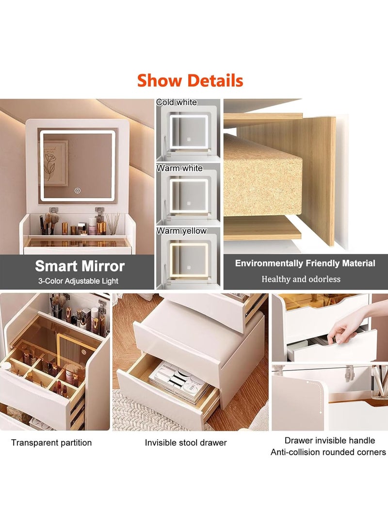  CityRiya-Long مكتب الغرور مع مرآة Flip Top وأضواء LED ، 3 درجات طاولة ملابس ماكياج صغيرة مع مقعد تخزين مدعوم ، مجموعة الغرور المدمجة لتوفير المساحة لغرفة النوم (SZZ007) - Image 4