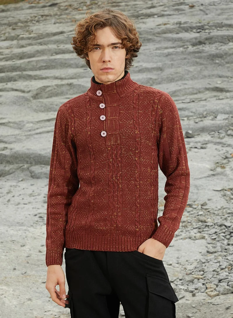 Campus Sutra Men's Terracotta Brown Heathered Cable-Knit Sweater
