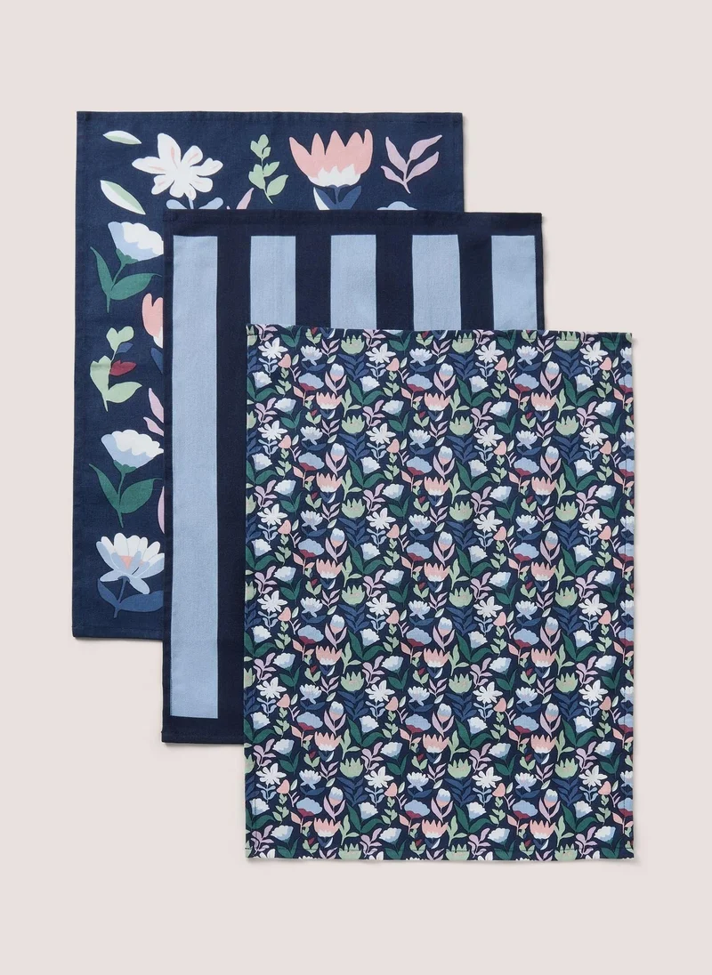 Matalan 3 Pack Navy Floral Tea Towels