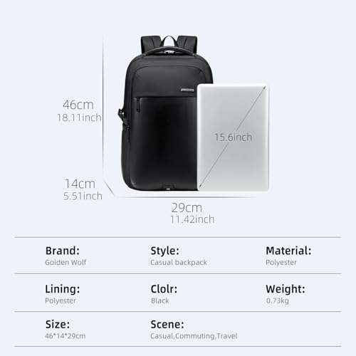 GOLDEN WOLF Laptop Backpack for Men 18L Sleek 15.6-inch Office Laptop Bag Water-resistant Padded Backpack with Hidden Back Pocket, Casual Daypack for Travel Business Daily Use,Black - Image 5