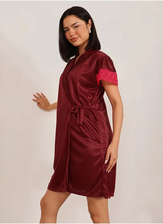 Clovia Clovia Lace Insert Short Sleeve Satin Robe and Nightdress Set