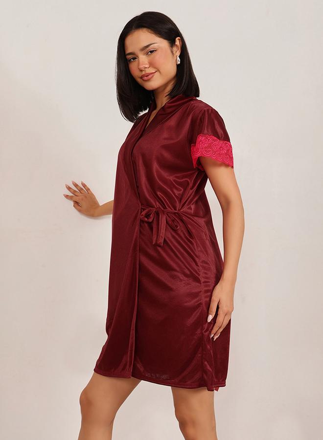 Clovia Lace Insert Short Sleeve Satin Robe and Nightdress Set - Image 2