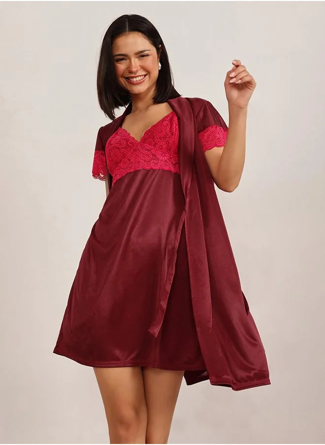 Clovia Clovia Lace Insert Short Sleeve Satin Robe and Nightdress Set