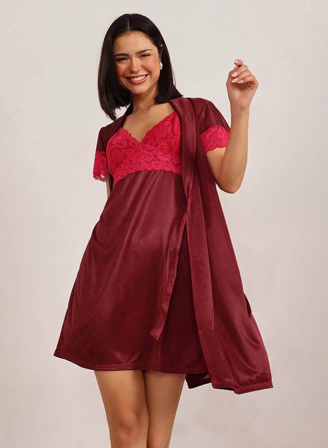 Clovia Lace Insert Short Sleeve Satin Robe and Nightdress Set - Image 1