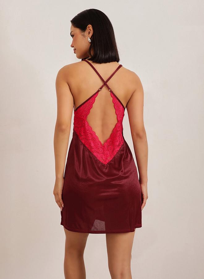 Clovia Lace Insert Short Sleeve Satin Robe and Nightdress Set - Image 4