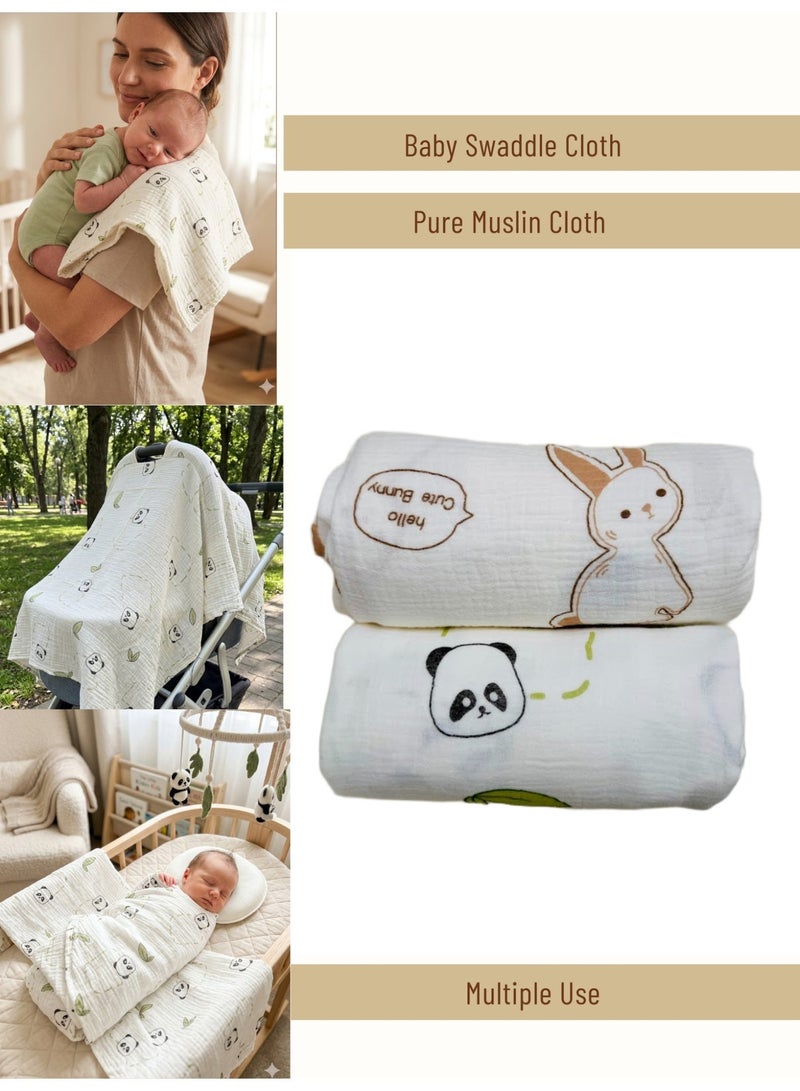 Little Bee Muslin Swaddle Blankets for Newborn, 2 Pack Breathable Soft Receiving Blanket, Large 110 x 120 cm Swaddle Wrap Burping Clothes Diapers, Essentials Infant Shower Items, Toddler Gift (Panda ,Rabbit Print) - Image 1