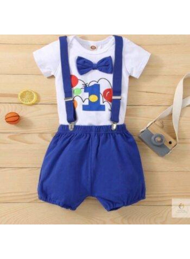 Matching Family Outfits – Baby Boy First Birthday Outfit with Bow Tie, Printed Onesie & Suspender Shorts (Party Wear Set) - Image 1