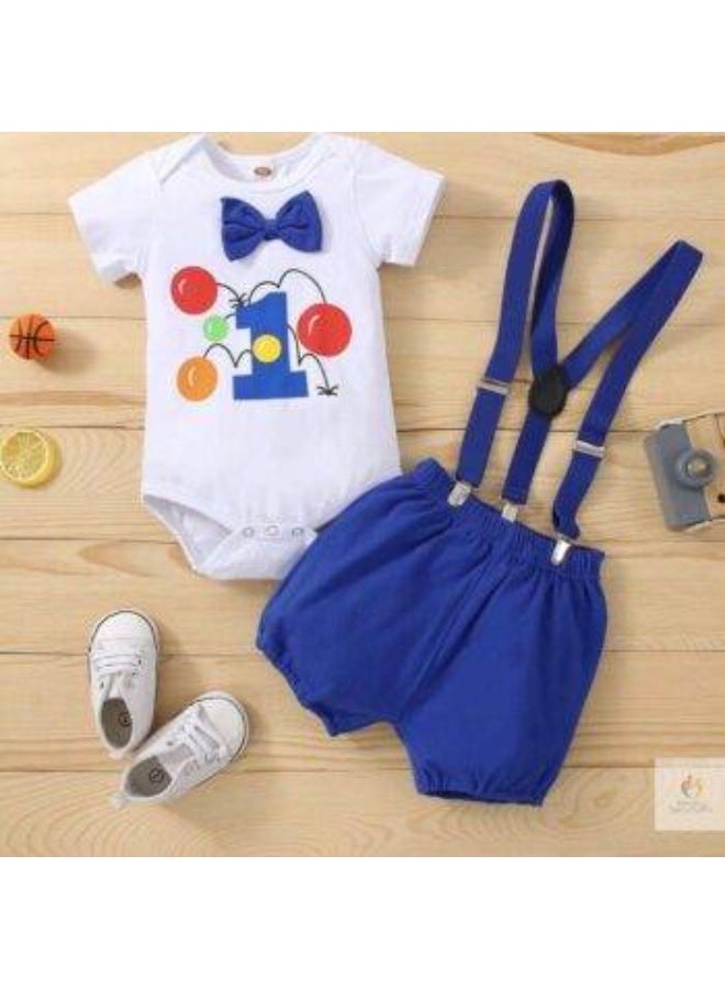 Matching Family Outfits – Baby Boy First Birthday Outfit with Bow Tie, Printed Onesie & Suspender Shorts (Party Wear Set) - Image 2