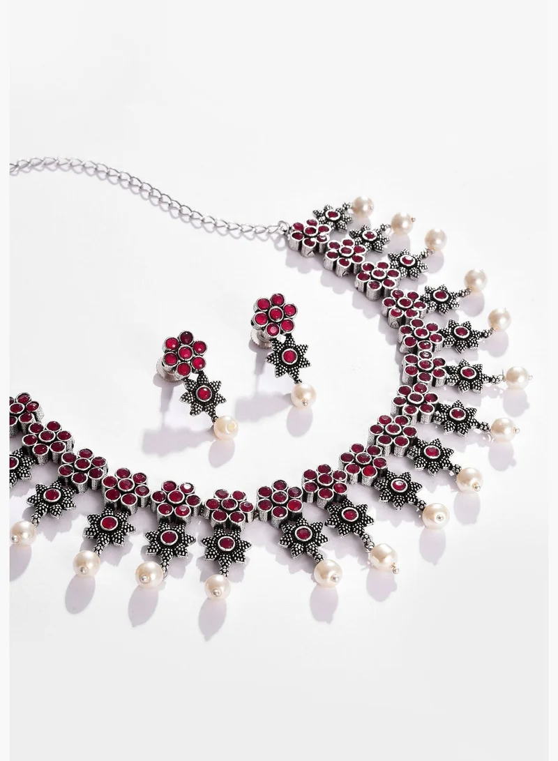 SOHI Silver Plated Designer Stone Necklace and Earring Set