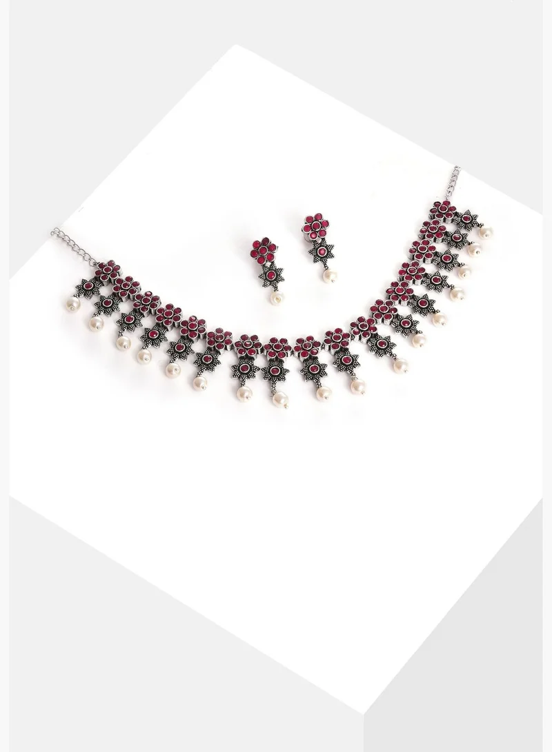 SOHI Silver Plated Designer Stone Necklace and Earring Set