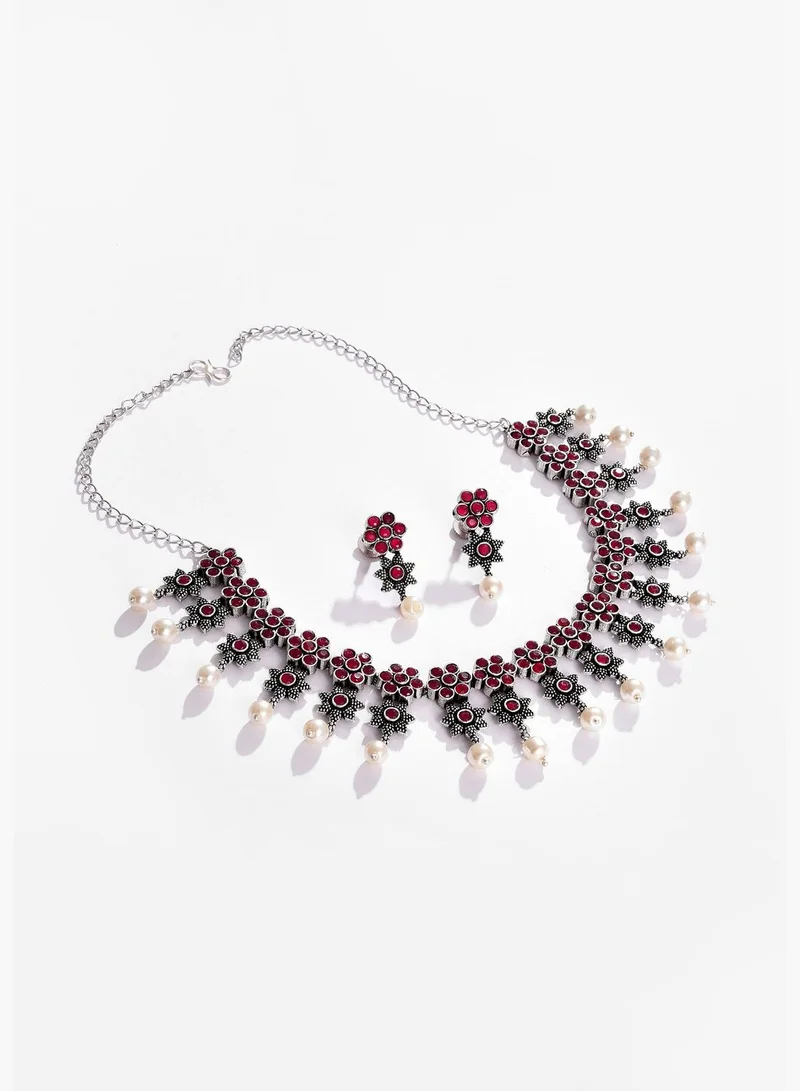 SOHI Silver Plated Designer Stone Necklace and Earring Set