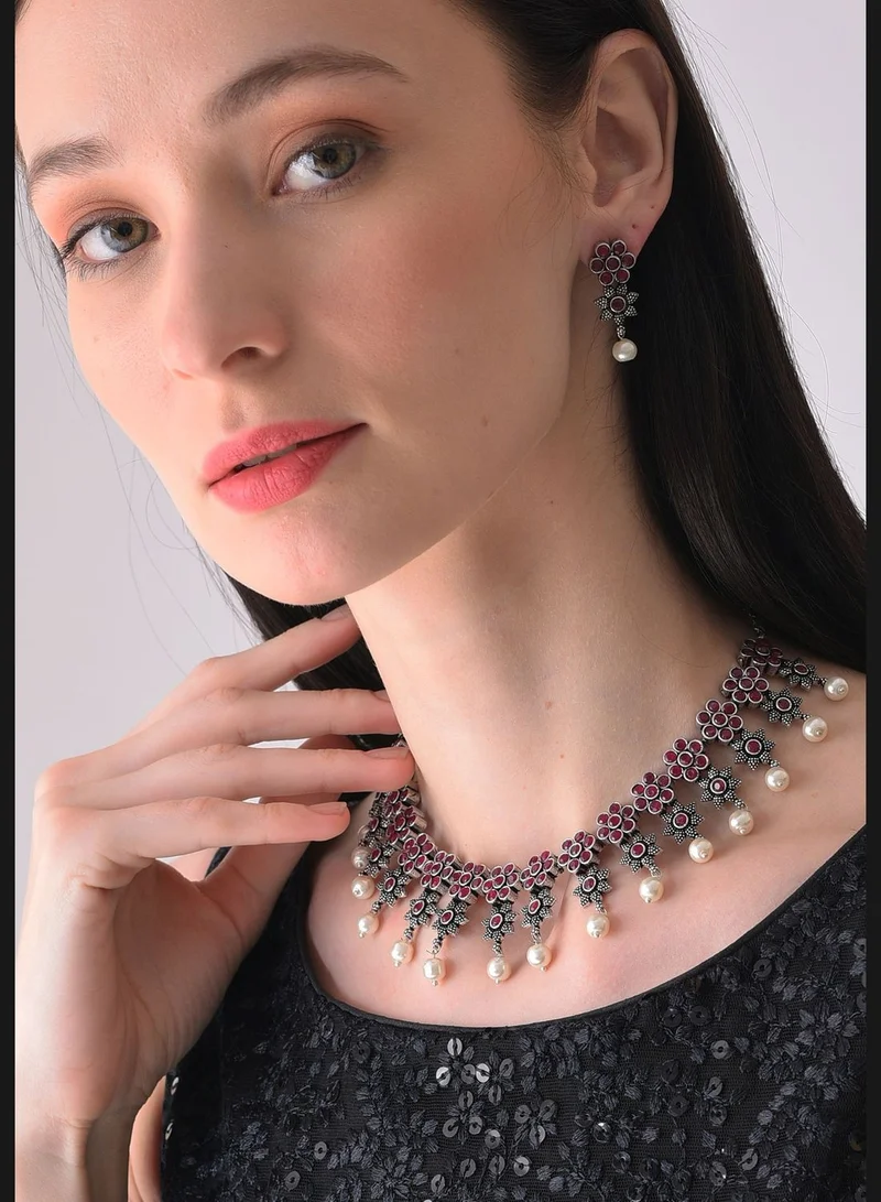 SOHI Silver Plated Designer Stone Necklace and Earring Set