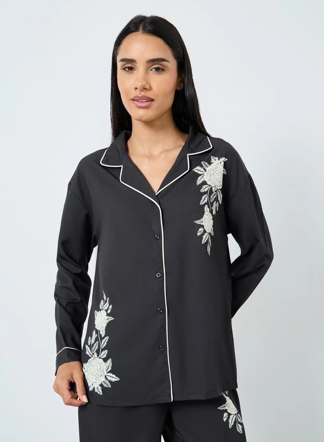 Styli Styli Placement Floral Button Through Shirt and Pyjama Set