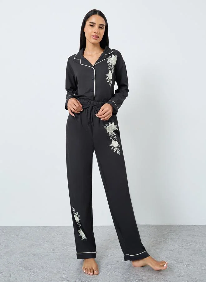 Styli Styli Placement Floral Button Through Shirt and Pyjama Set