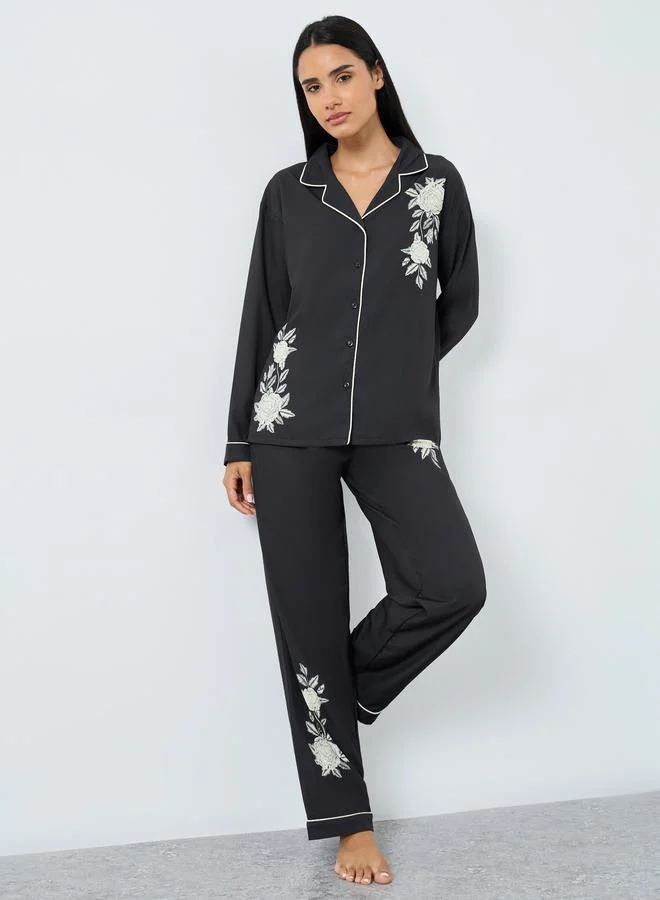 Styli Styli Placement Floral Button Through Shirt and Pyjama Set