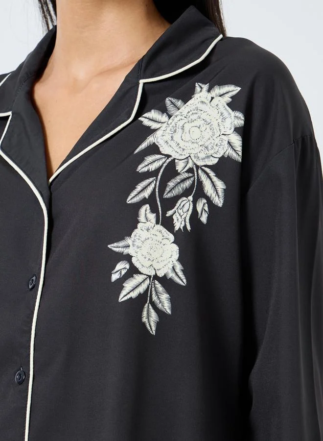 Styli Styli Placement Floral Button Through Shirt and Pyjama Set