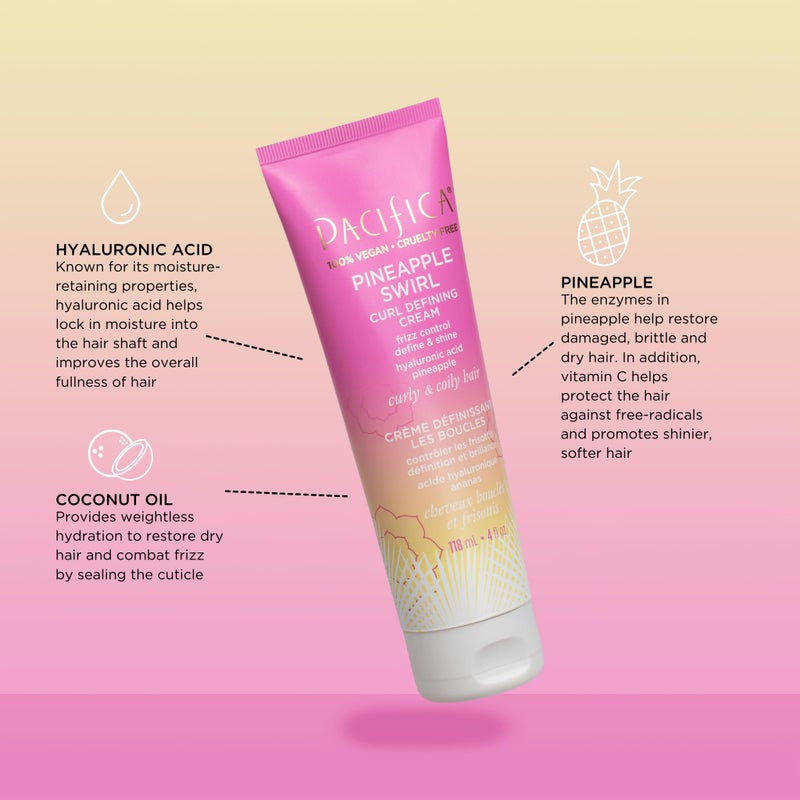 Pacifica Pineapple Swirl Curl Defining Cream â€“ Curl Cream for Curly Hair, Curly Hair Products with Coconut Oil and Hyaluronic Acid, Styling for Bouncy Waves Without Crunch - 4 Oz - Image 3