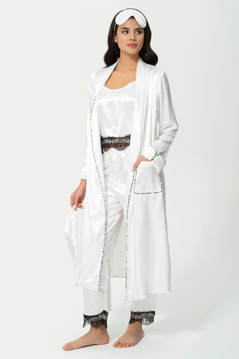 For You Sleepwear 6-Piece Lace Detailed Dressing Gown Athlete Shorts Ecru Pajama Set S27398