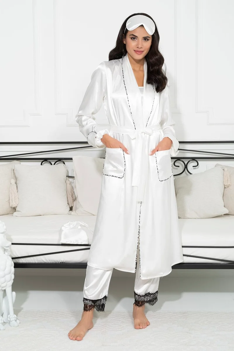 For You Sleepwear 6-Piece Lace Detailed Dressing Gown Athlete Shorts Ecru Pajama Set S27398