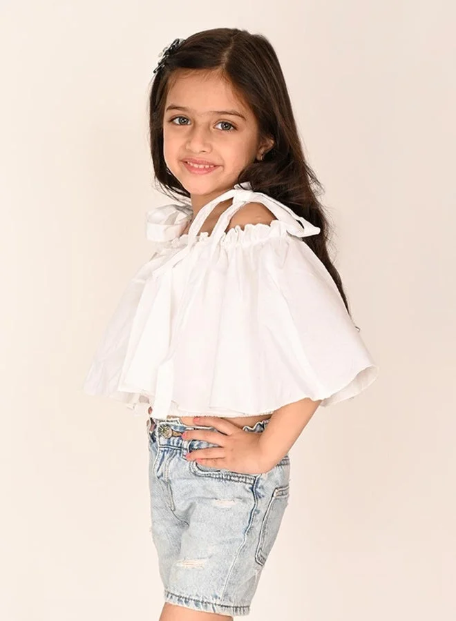 LILPICKS Off Shoulder Tie Up Layered White Crop Top for Girls