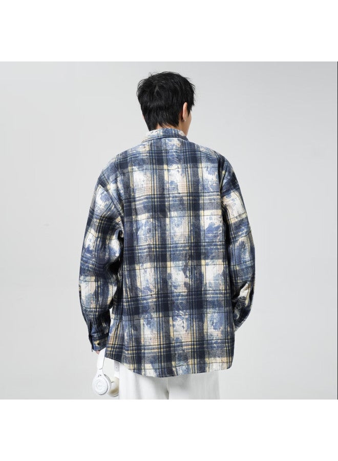 Poum Vintage Tie-dye Long Sleeve Shirt, Autumn And Winter Style, Men's Casual Trendy Brand, Loose-fitting Shirt Jacket, 2389 Blue, XL - Image 5