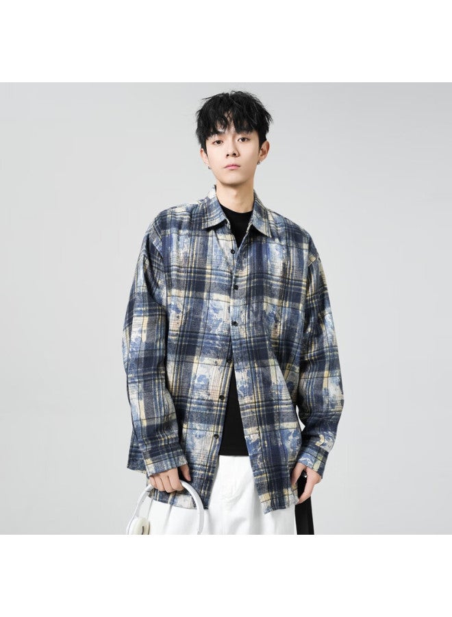 Poum Vintage Tie-dye Long Sleeve Shirt, Autumn And Winter Style, Men's Casual Trendy Brand, Loose-fitting Shirt Jacket, 2389 Blue, XL - Image 4