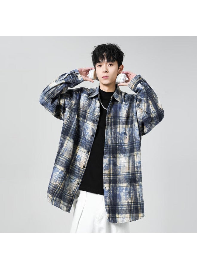 Poum Vintage Tie-dye Long Sleeve Shirt, Autumn And Winter Style, Men's Casual Trendy Brand, Loose-fitting Shirt Jacket, 2389 Blue, XL - Image 2