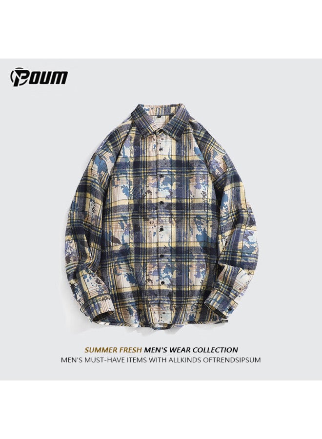 Poum Vintage Tie-dye Long Sleeve Shirt, Autumn And Winter Style, Men's Casual Trendy Brand, Loose-fitting Shirt Jacket, 2389 Blue, XL - Image 1