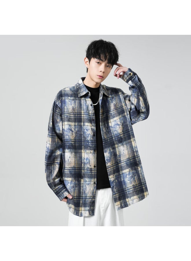 Poum Vintage Tie-dye Long Sleeve Shirt, Autumn And Winter Style, Men's Casual Trendy Brand, Loose-fitting Shirt Jacket, 2389 Blue, XL - Image 3